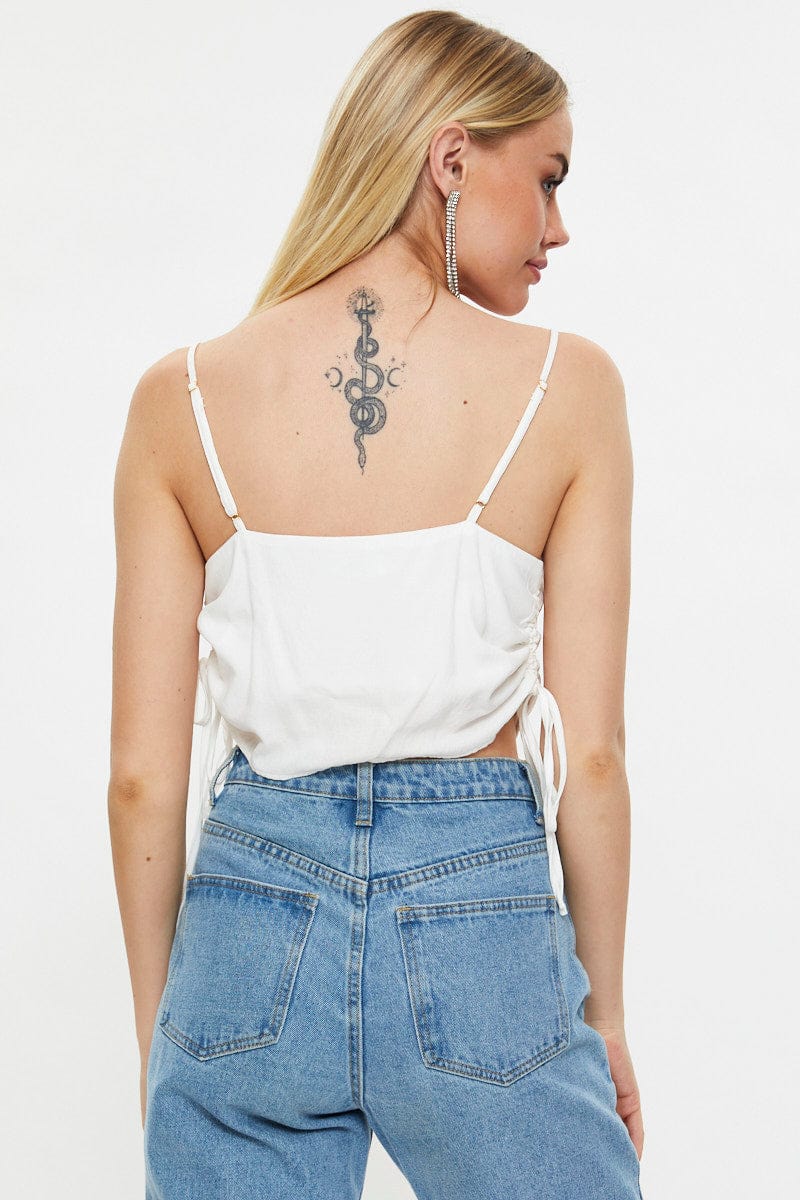 White Designer Linen Look Cowl Neck Drawstring Top - Image 5