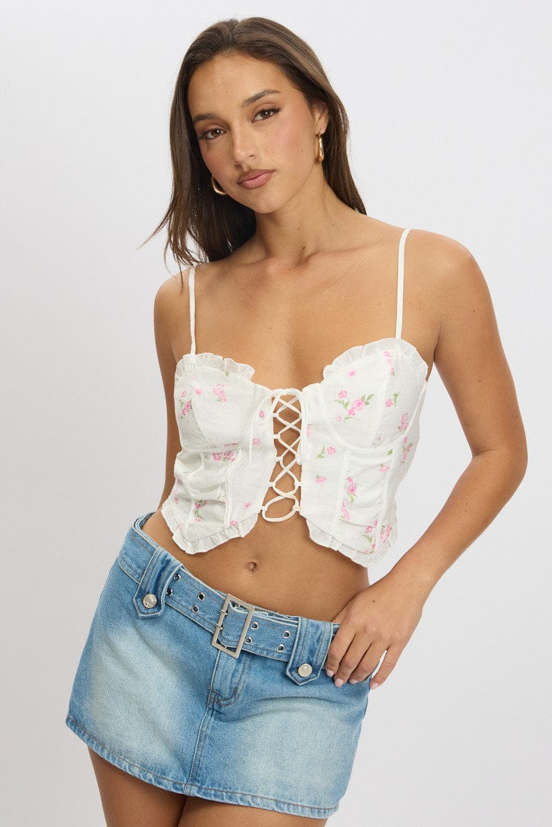 White Ditsy Cami Corset Top Sleeveless Lace Up - Image 2