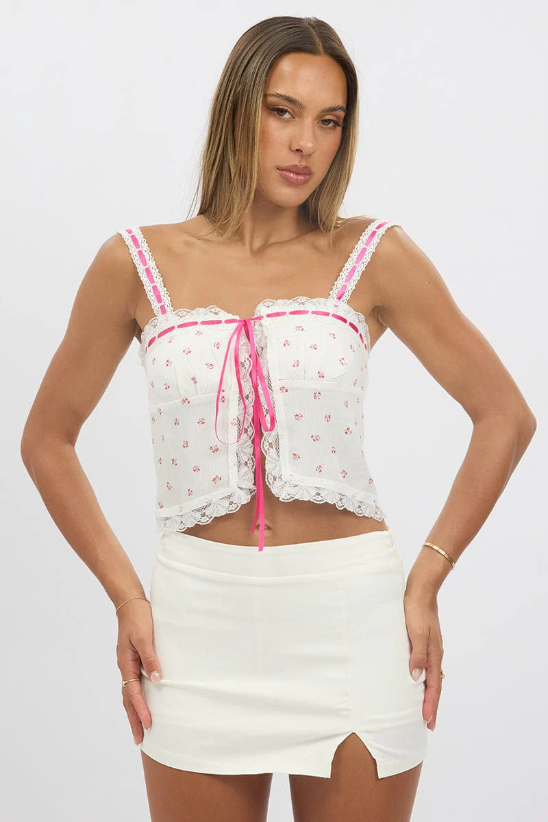 White Ditsy Cami Top Sleeveless Ribbon - Image 3