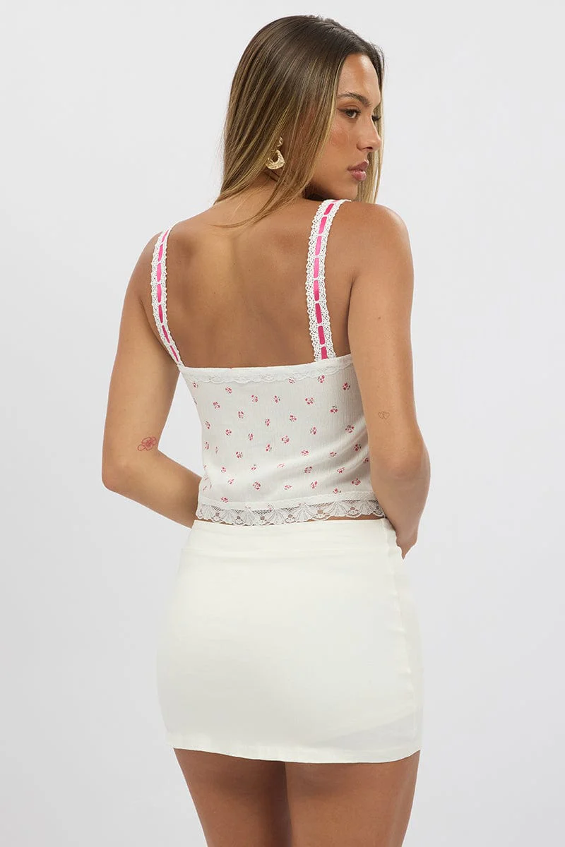 White Ditsy Cami Top Sleeveless Ribbon - Image 5