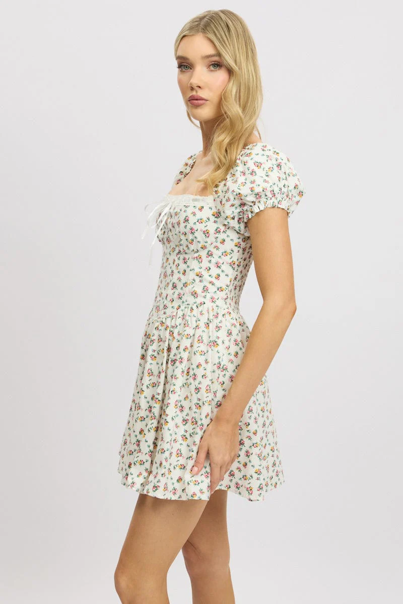 White Ditsy Fit And Flare Dress Corset Detail Mini - Image 4