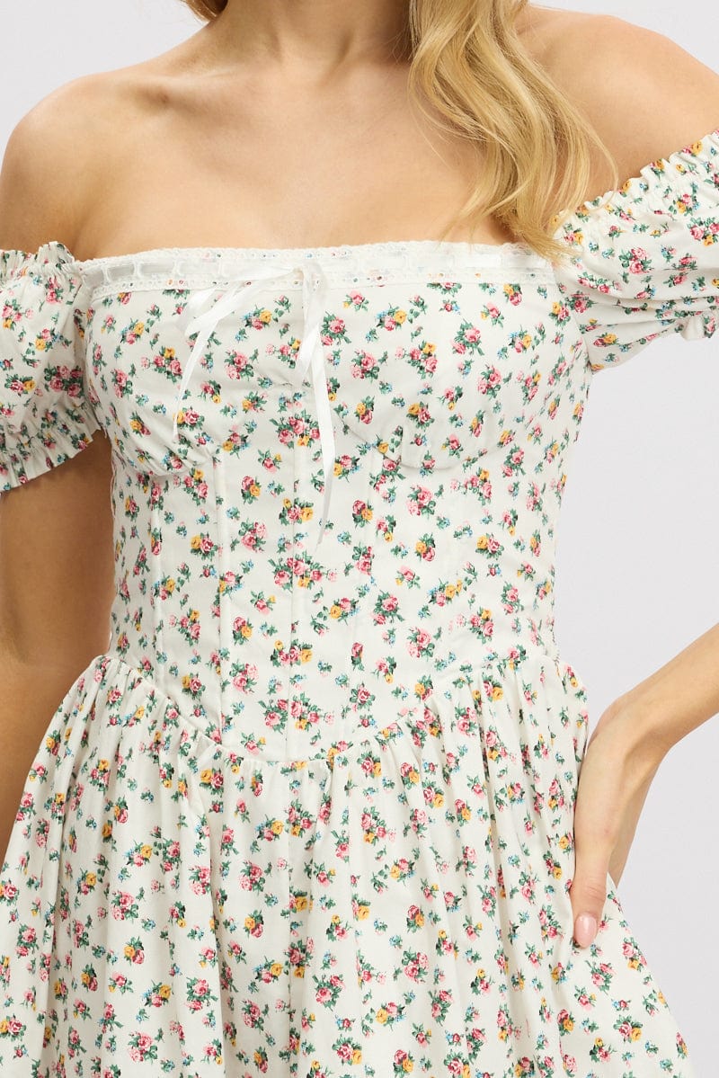 White Ditsy Fit And Flare Dress Corset Detail Mini - Image 6