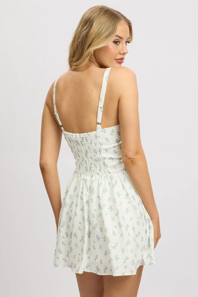White Ditsy Fit And Flare Dress Drop Waist Mini - Image 5