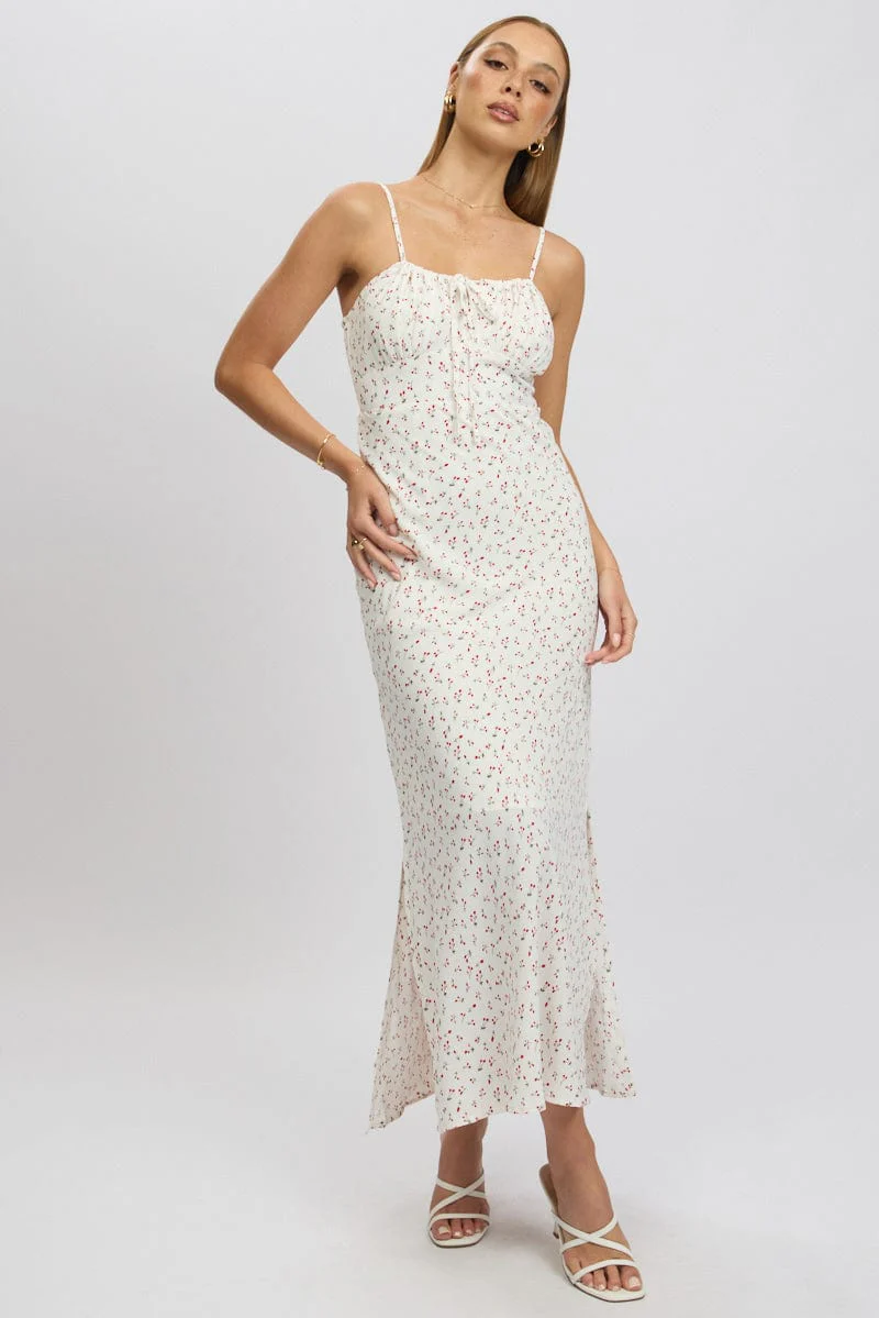 White Ditsy Midi Dress Gathering Bust Sleeveless - Image 2