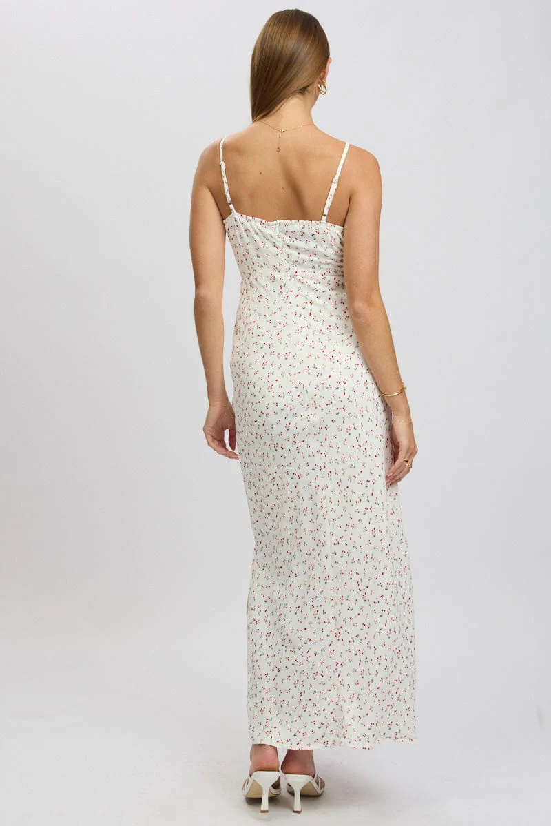 White Ditsy Midi Dress Gathering Bust Sleeveless - Image 5