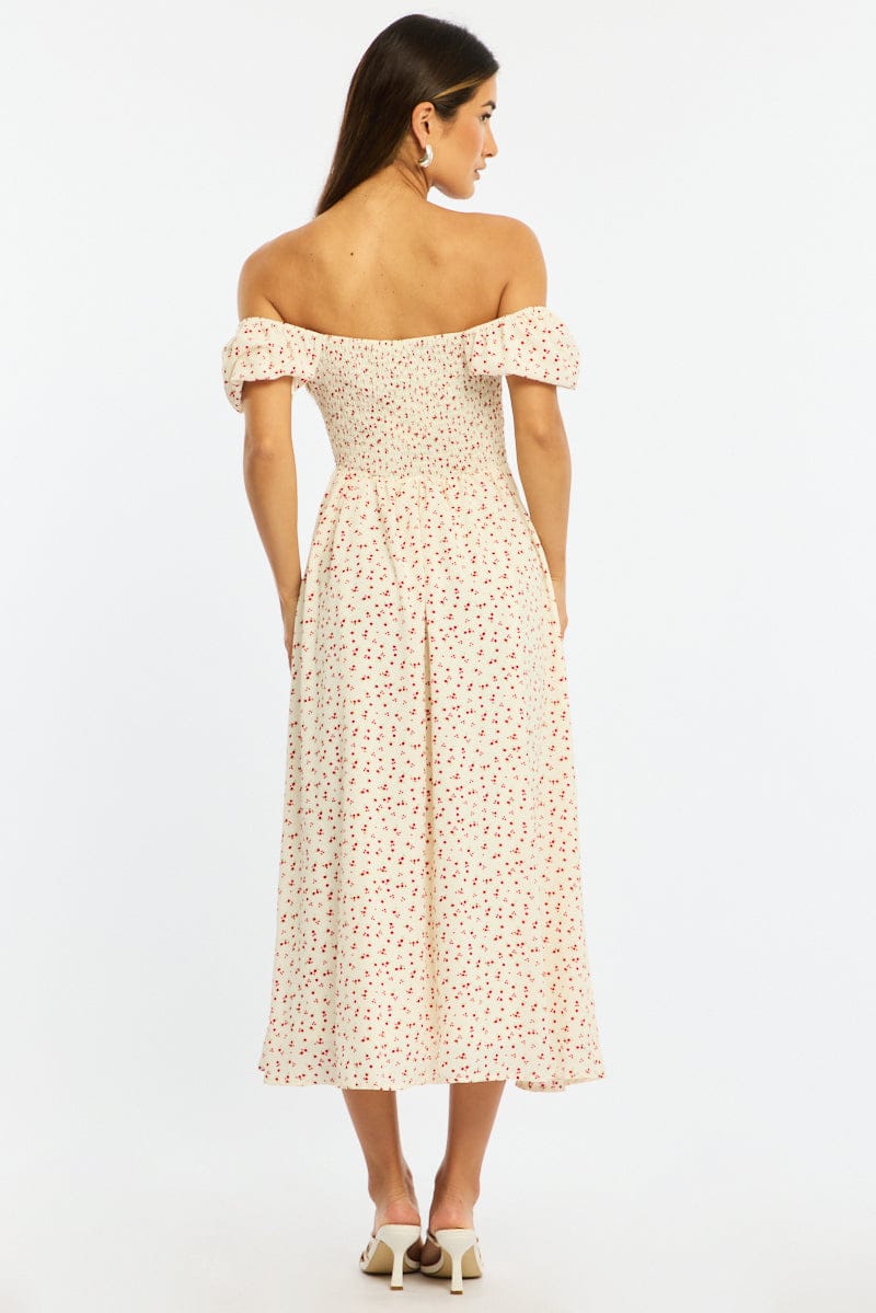 White Ditsy Midi Dress Puff Sleeve - Image 5
