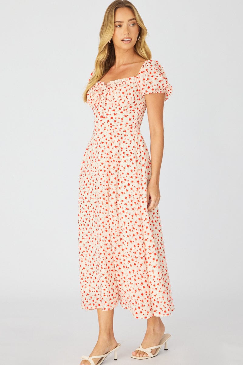 White Ditsy Midi Dress Puff Sleeve - Image 4
