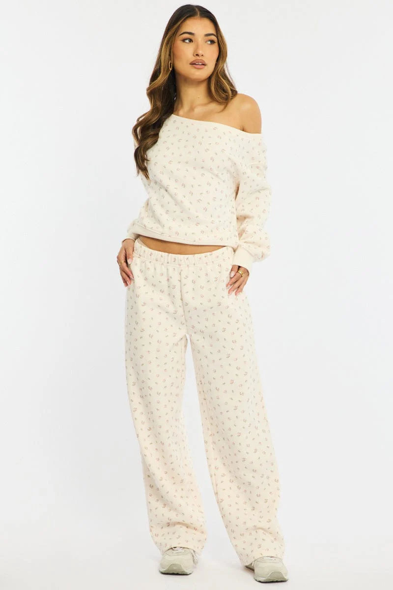 White Ditsy Track Pants Wide Leg - Image 3