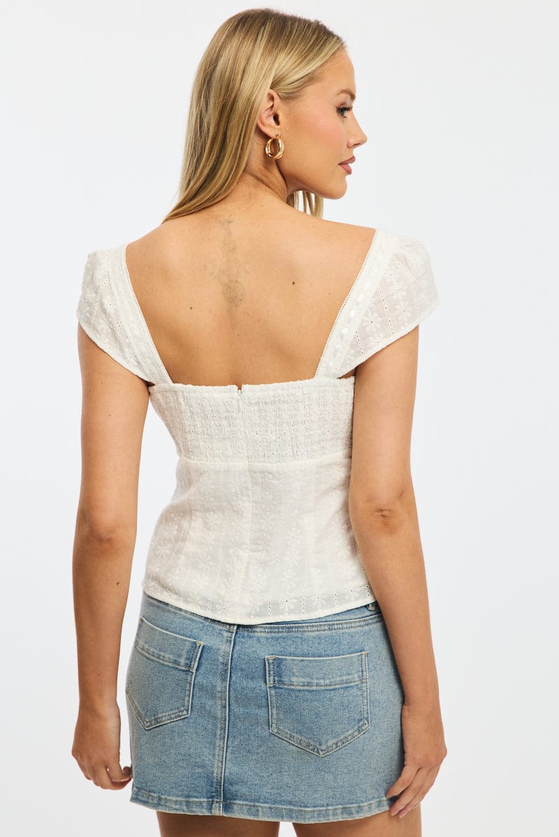 White Eyelet Top Cap Sleeve Sweetheart Neckline Broderie - Image 4