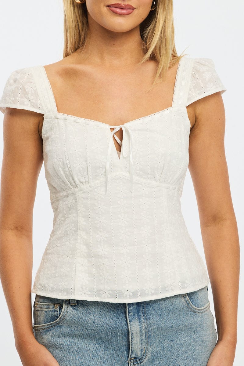 White Eyelet Top Cap Sleeve Sweetheart Neckline Broderie - Image 5