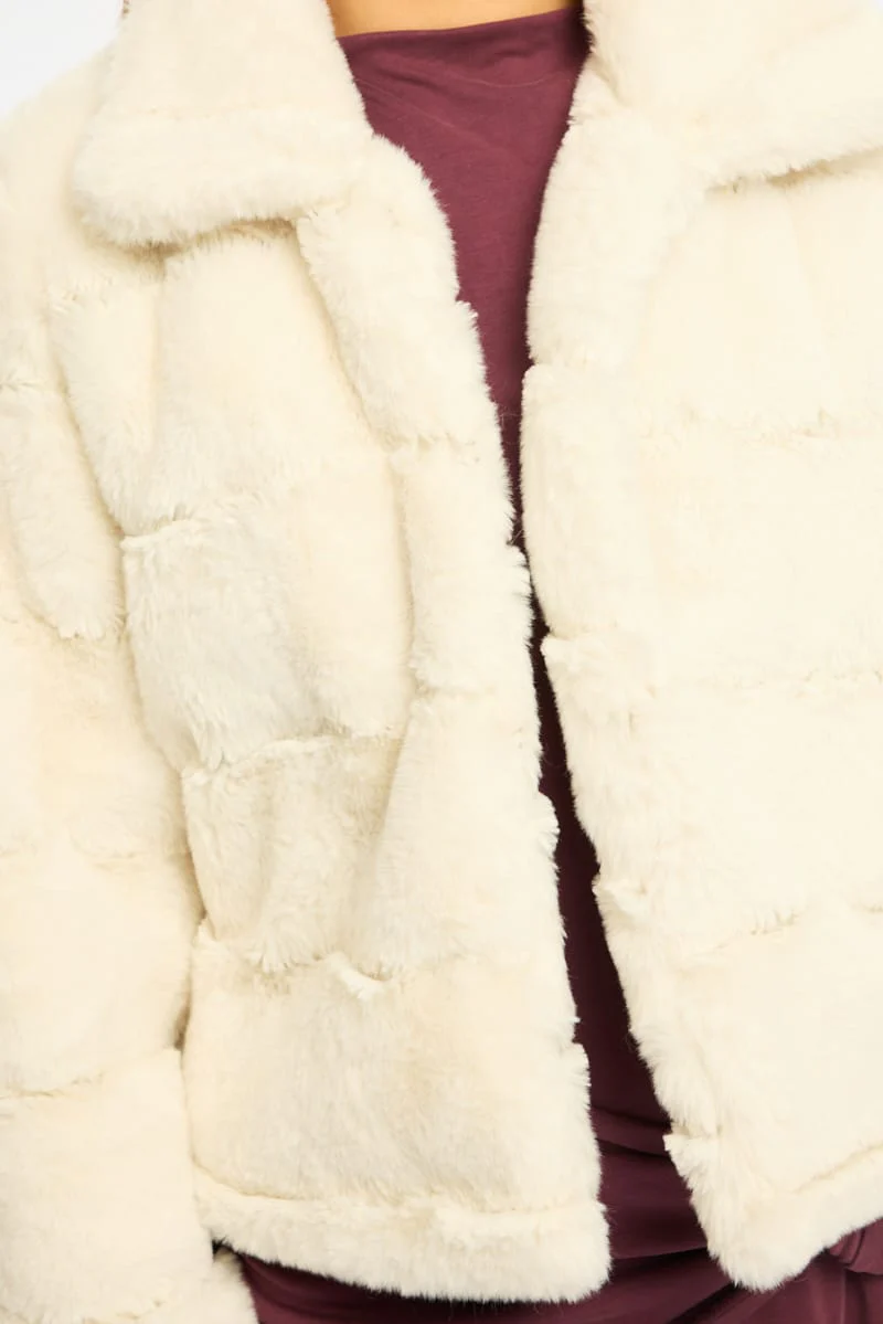 White Faux Fur Jacket With Lapel Collar - Image 6