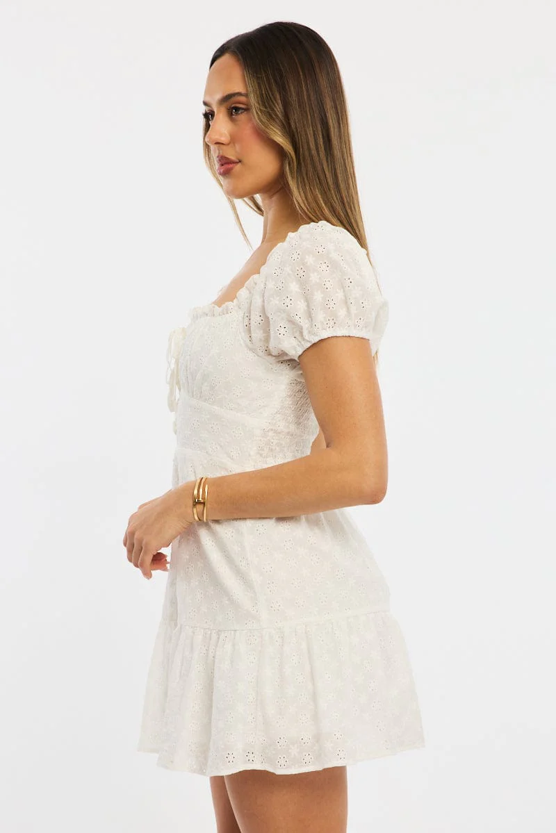 White Fit And Flare Dress Puff Sleeve Eyelet Fabric - Image 3