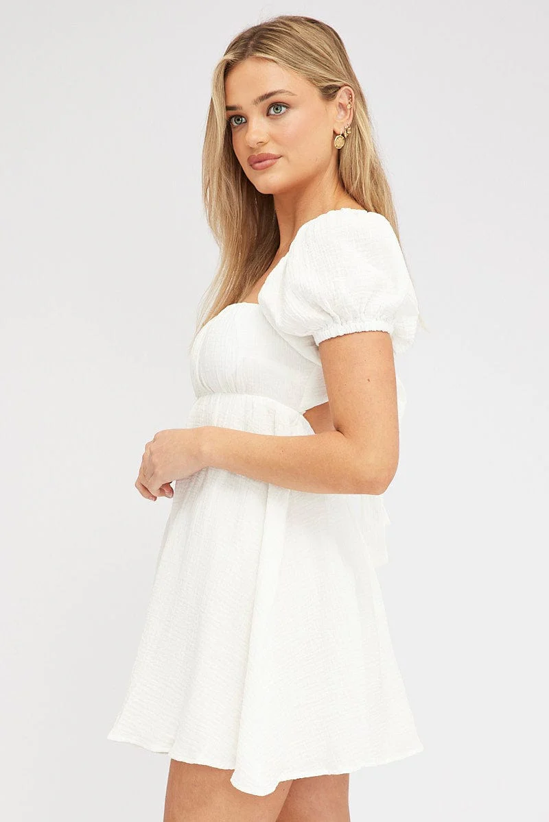 White Fit and Flare Dress Short Sleeve Tie Back Babydoll - Image 4