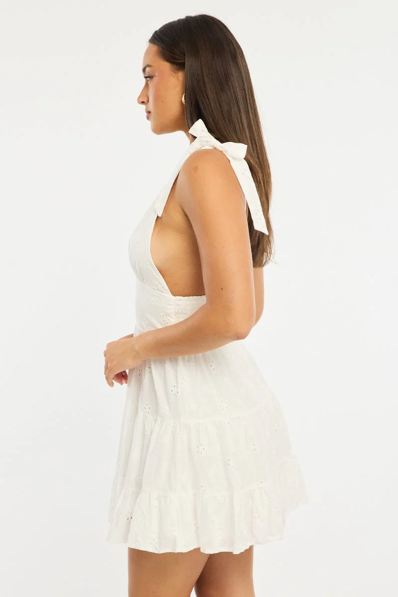 White Fit And Flare Dress Shoulder Tie Eyelet Fabric - Image 3