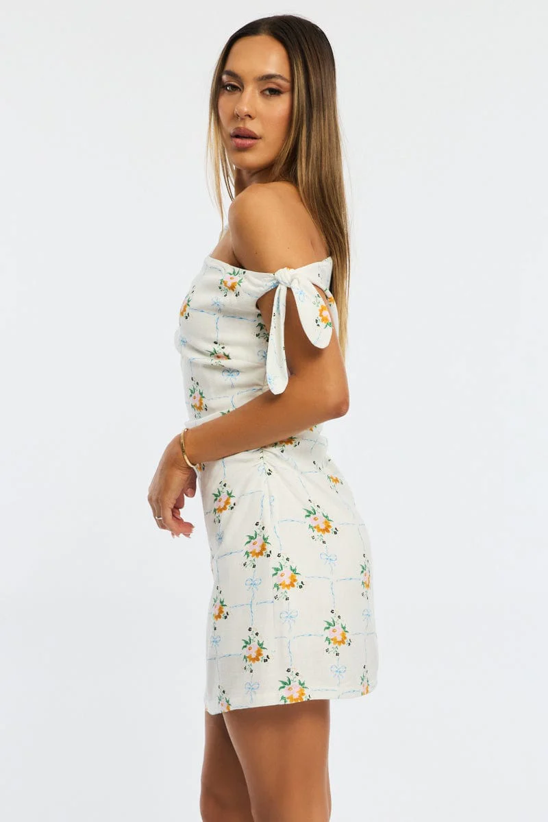 White Floral Bodycon Dress Tie Up Shoulder - Image 3