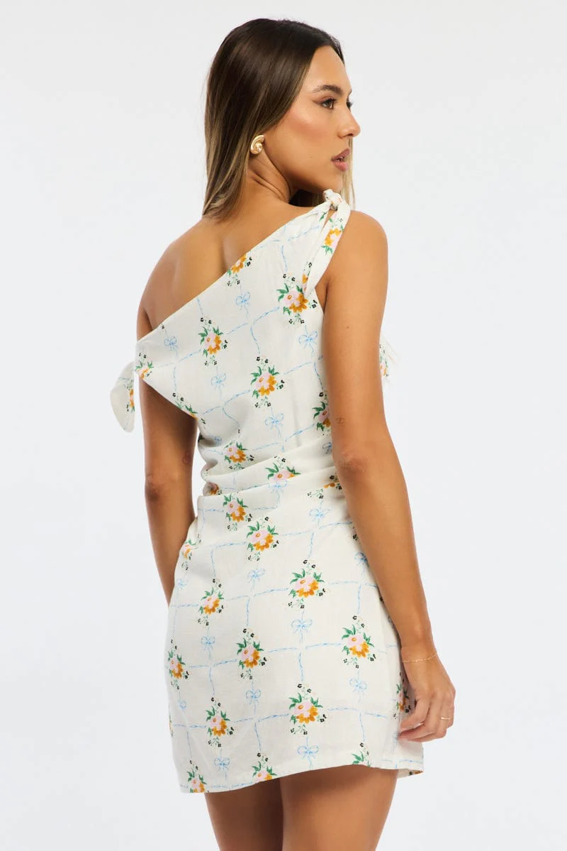 White Floral Bodycon Dress Tie Up Shoulder - Image 4