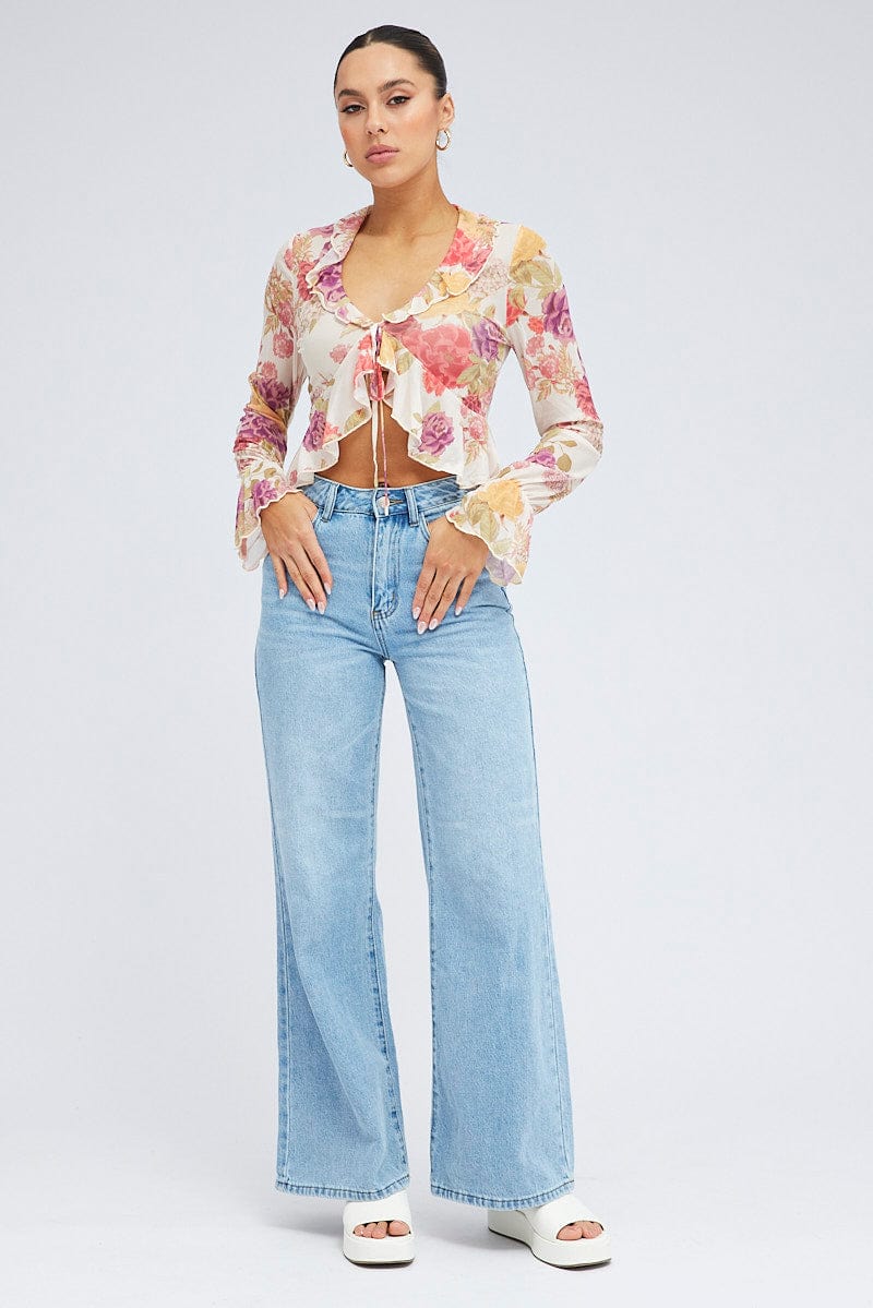 White Floral Bolero Long Sleeve V Neck - Image 2