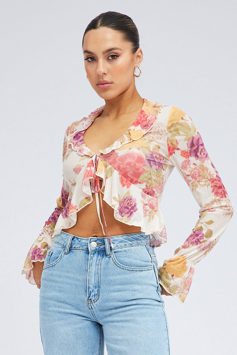 White Floral Bolero Long Sleeve V Neck - Image 3