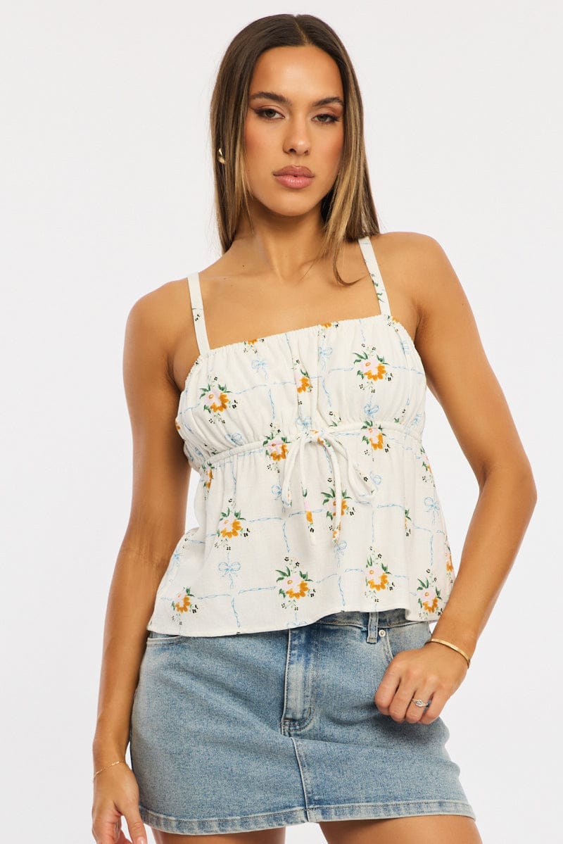 White Floral Cami Top Sleeveless Front Tie Babydoll Linen Blend - Image 2