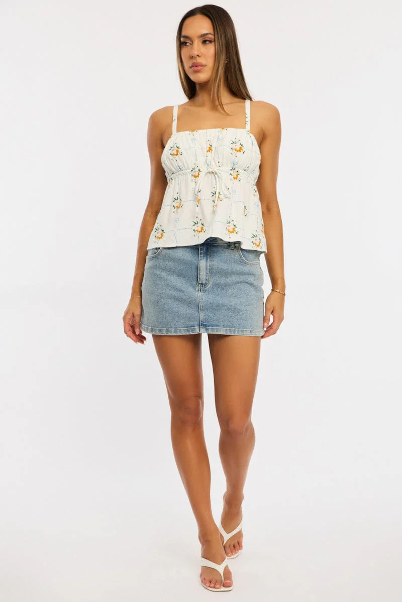 White Floral Cami Top Sleeveless Front Tie Babydoll Linen Blend - Image 3