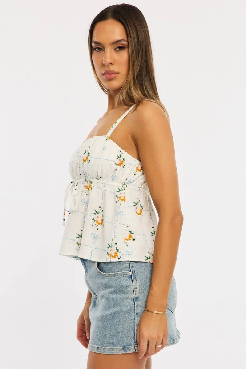 White Floral Cami Top Sleeveless Front Tie Babydoll Linen Blend - Image 4