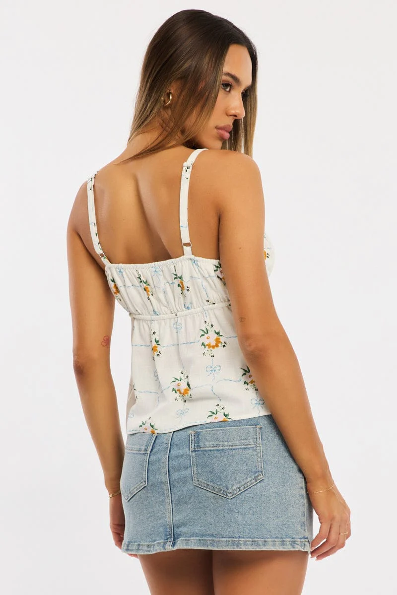 White Floral Cami Top Sleeveless Front Tie Babydoll Linen Blend - Image 5
