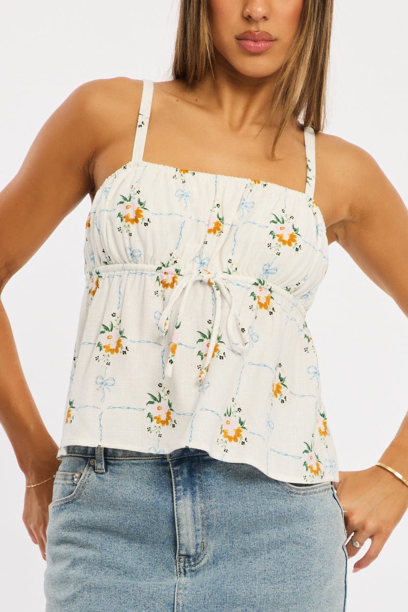 White Floral Cami Top Sleeveless Front Tie Babydoll Linen Blend - Image 6