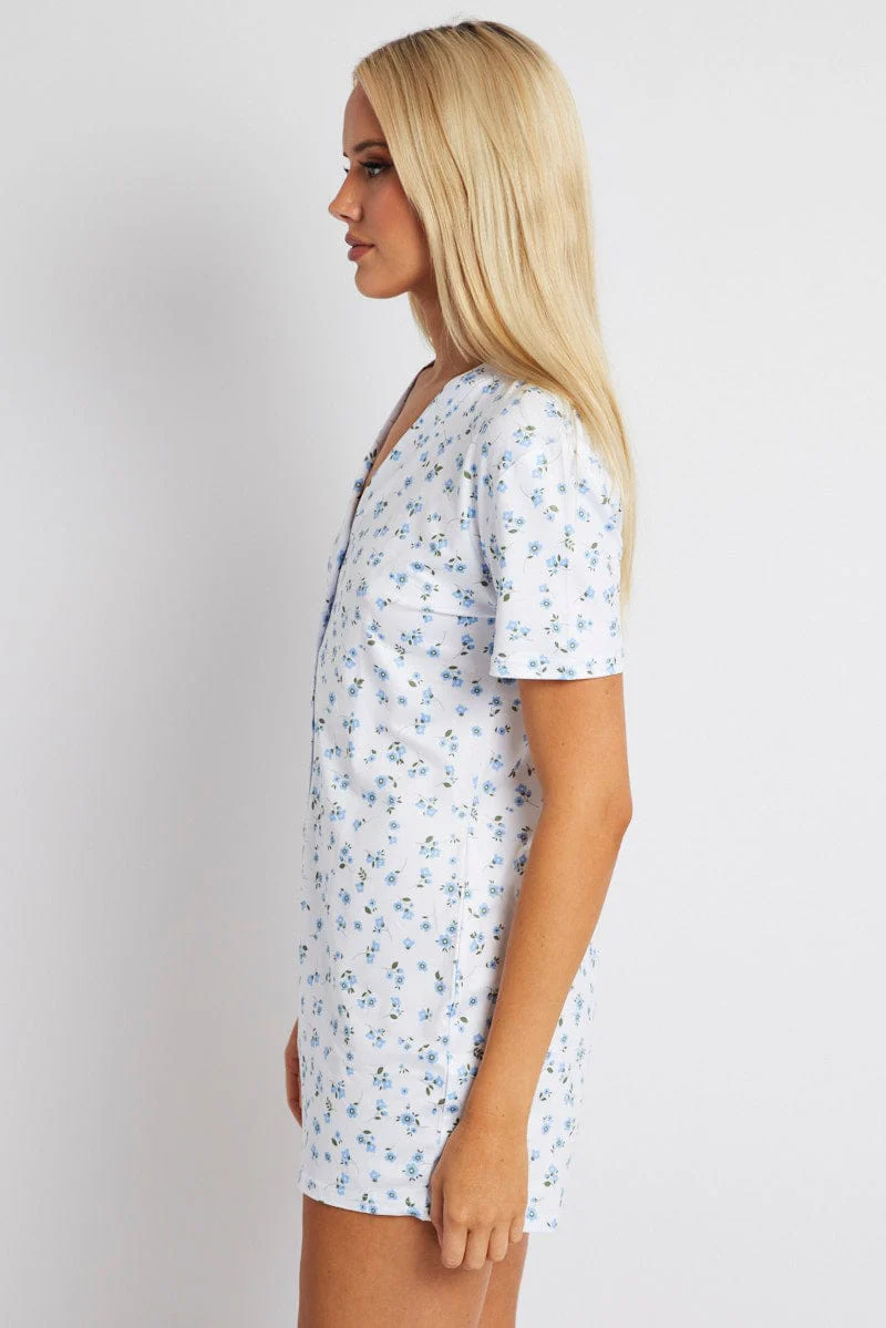 White Floral Ditsy Rib Romper Button Nightwear Onesie - Image 4