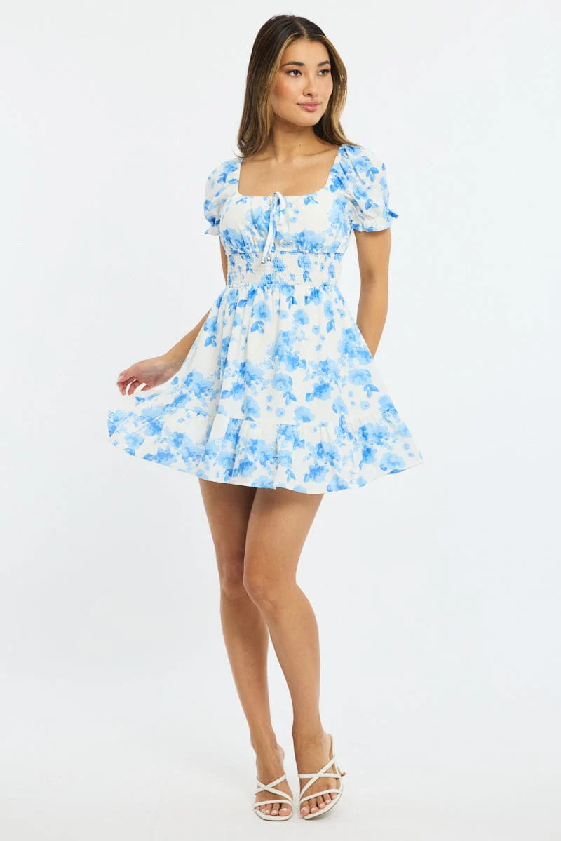 White Floral Fit And Flare Dress Puff Sleeve - Image 2