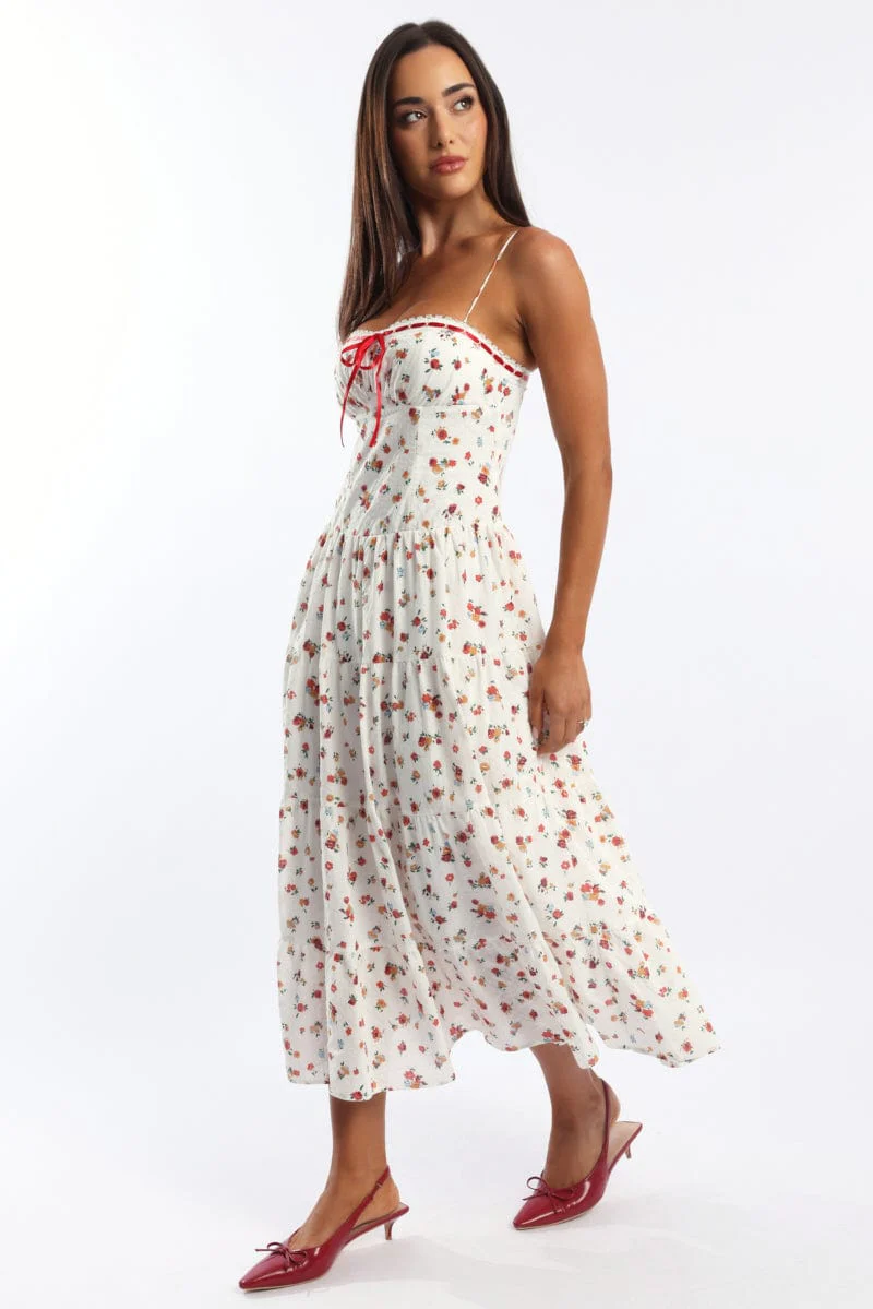 White Floral Maxi Dress Satin Tape Detail - Image 4