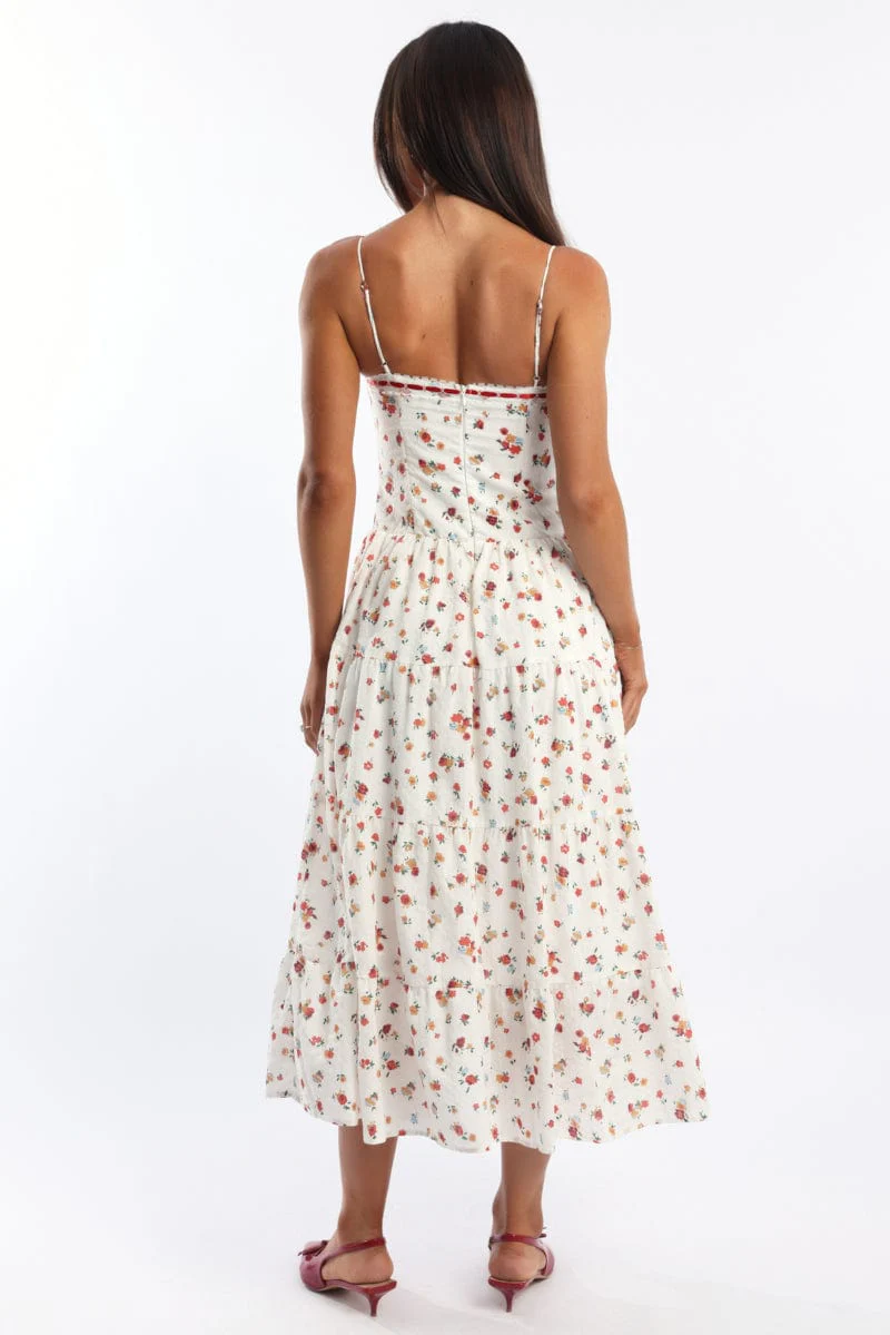 White Floral Maxi Dress Satin Tape Detail - Image 5