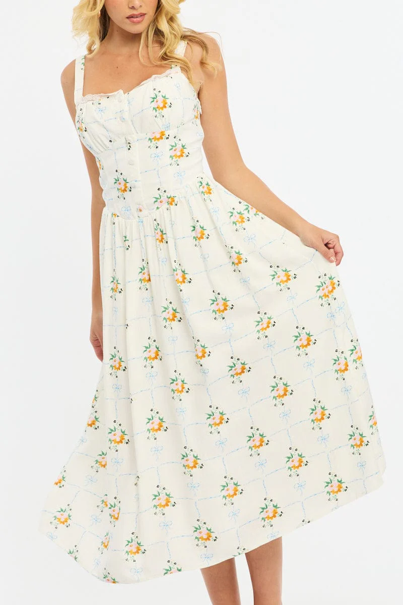 White Floral Midi Dress Gathered Bust Lace Trim - Image 6