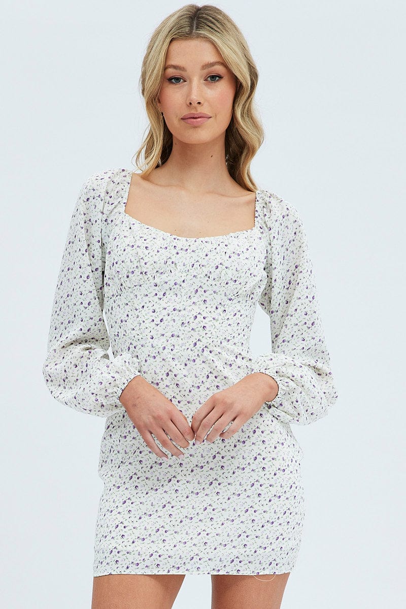 White Floral Midi Dress Long Sleeve Gathering Bust - Image 3