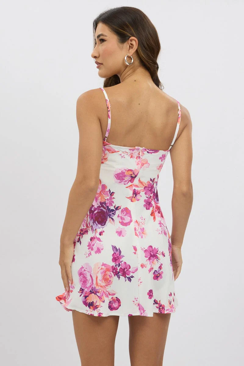 White Floral Mini Dress Strappy Mini Satin - Image 5