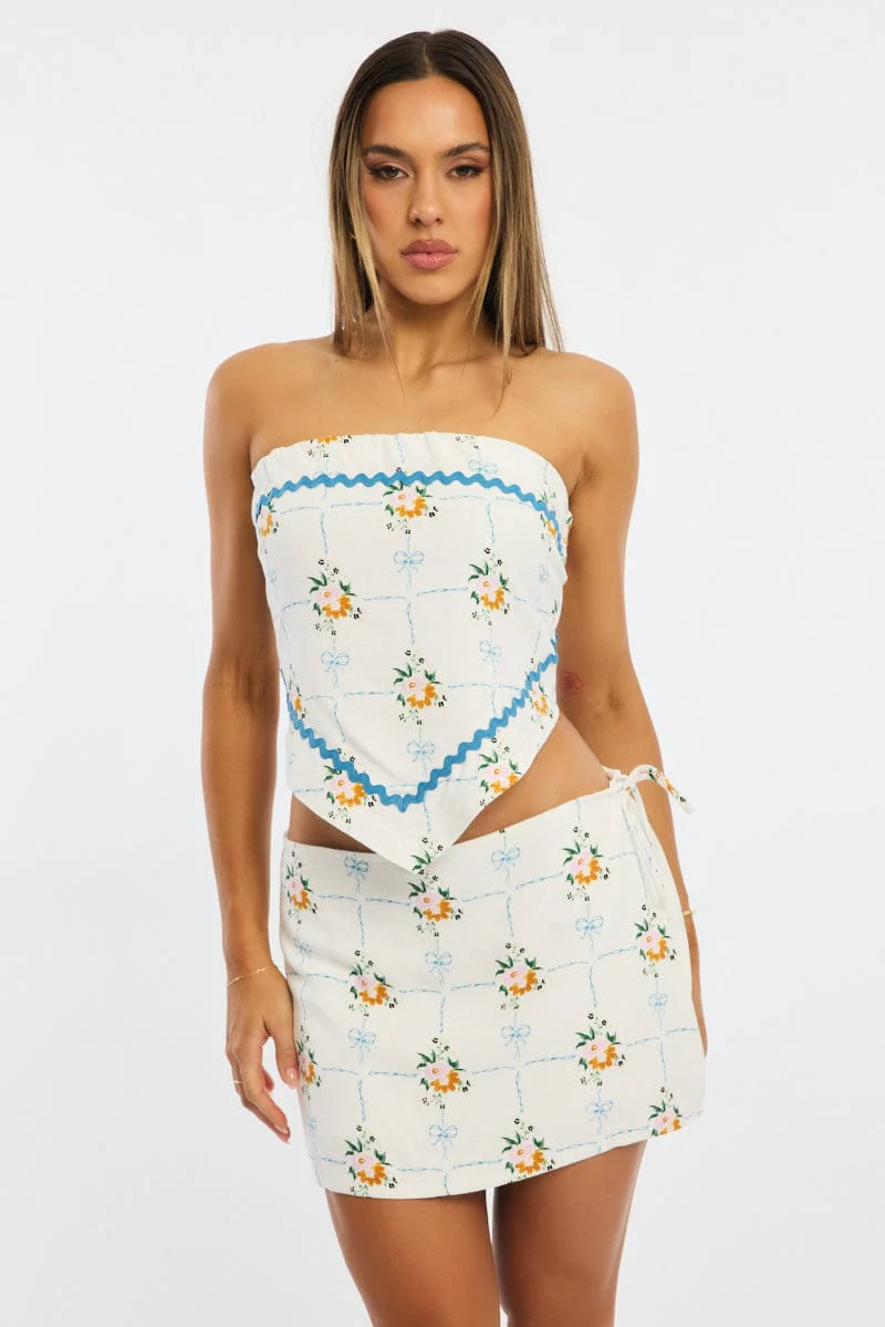 White Floral Mini Skort Skirt Side Tie Shorts Lined Linen Blend - Image 2