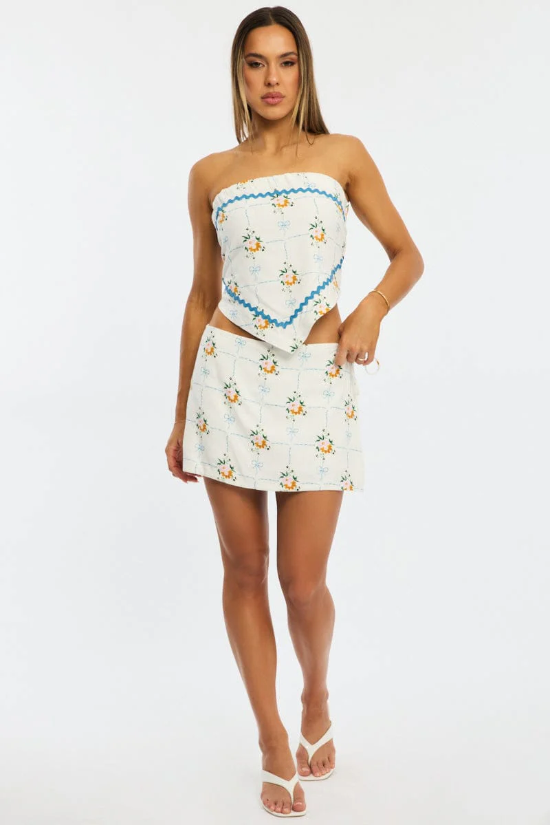 White Floral Mini Skort Skirt Side Tie Shorts Lined Linen Blend - Image 3