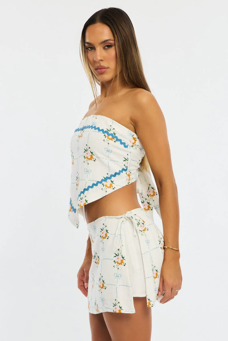 White Floral Mini Skort Skirt Side Tie Shorts Lined Linen Blend - Image 4