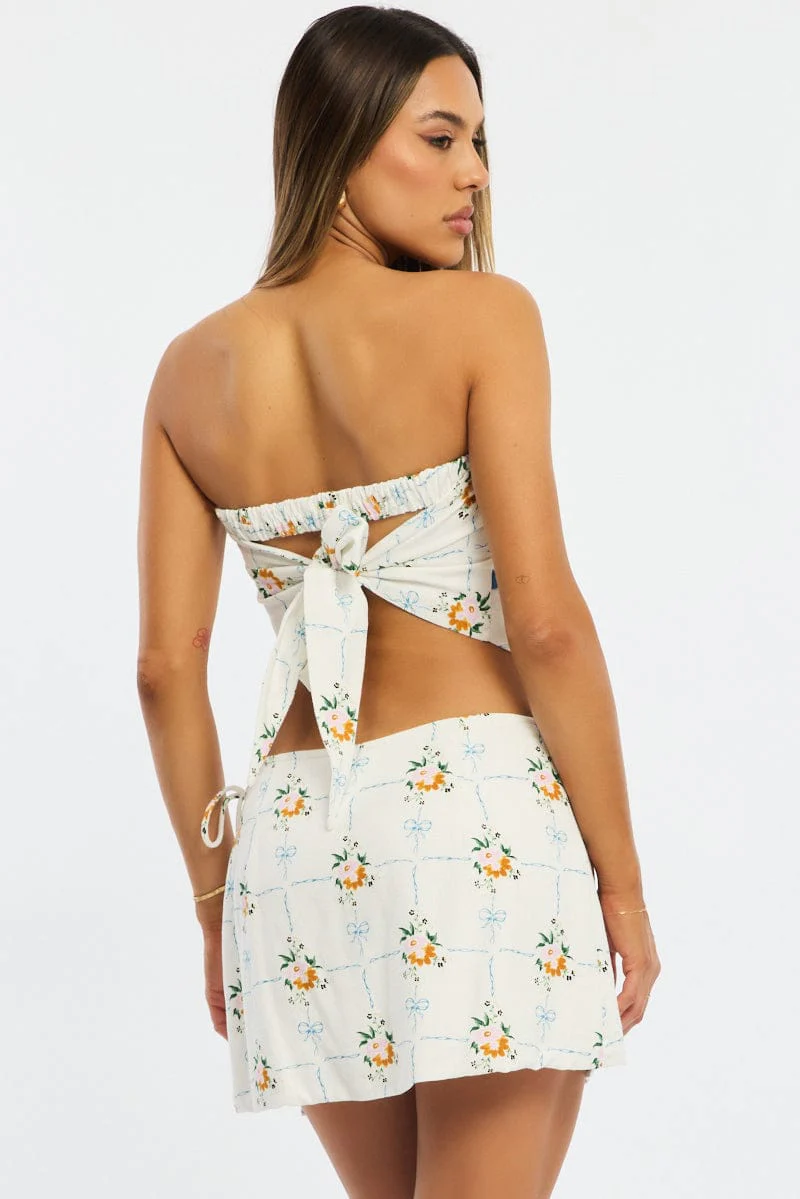 White Floral Mini Skort Skirt Side Tie Shorts Lined Linen Blend - Image 5