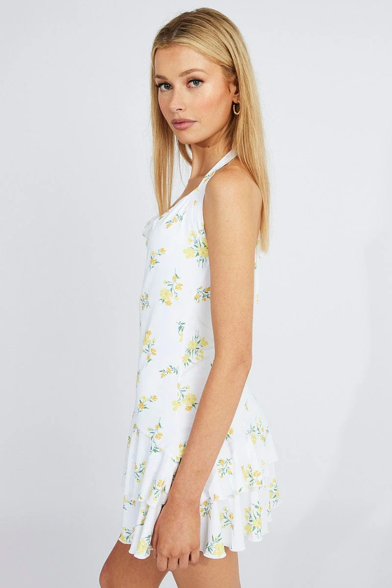 White Floral Ruffle Dress Halter Neck Bouquet Mini dress - Image 2