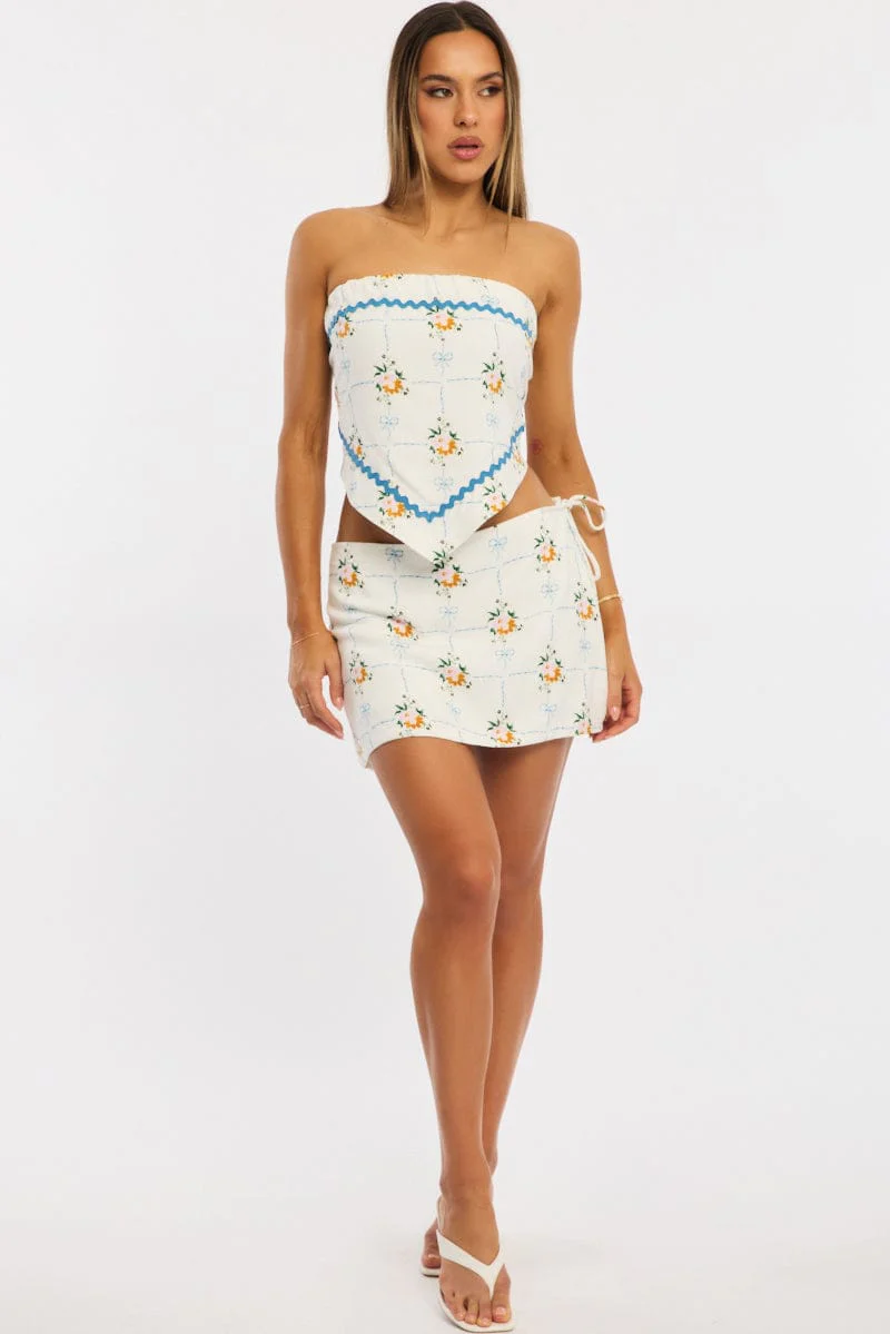 White Floral Scarf Top Sleeveless Bandeau Linen Blend Ric Rac - Image 3