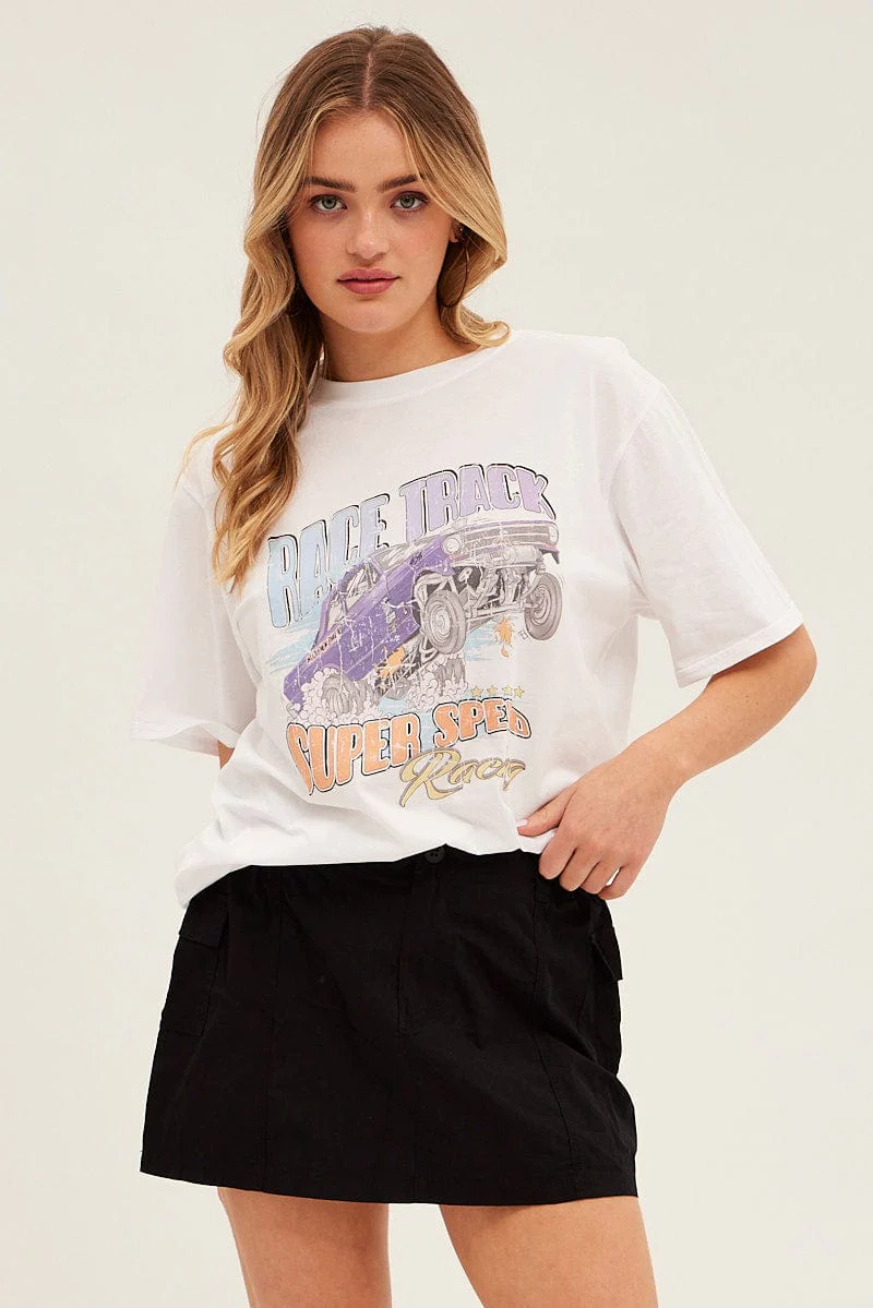 White Graphic Tee Short Sleeve Round Neck Vintage Car - Image 3