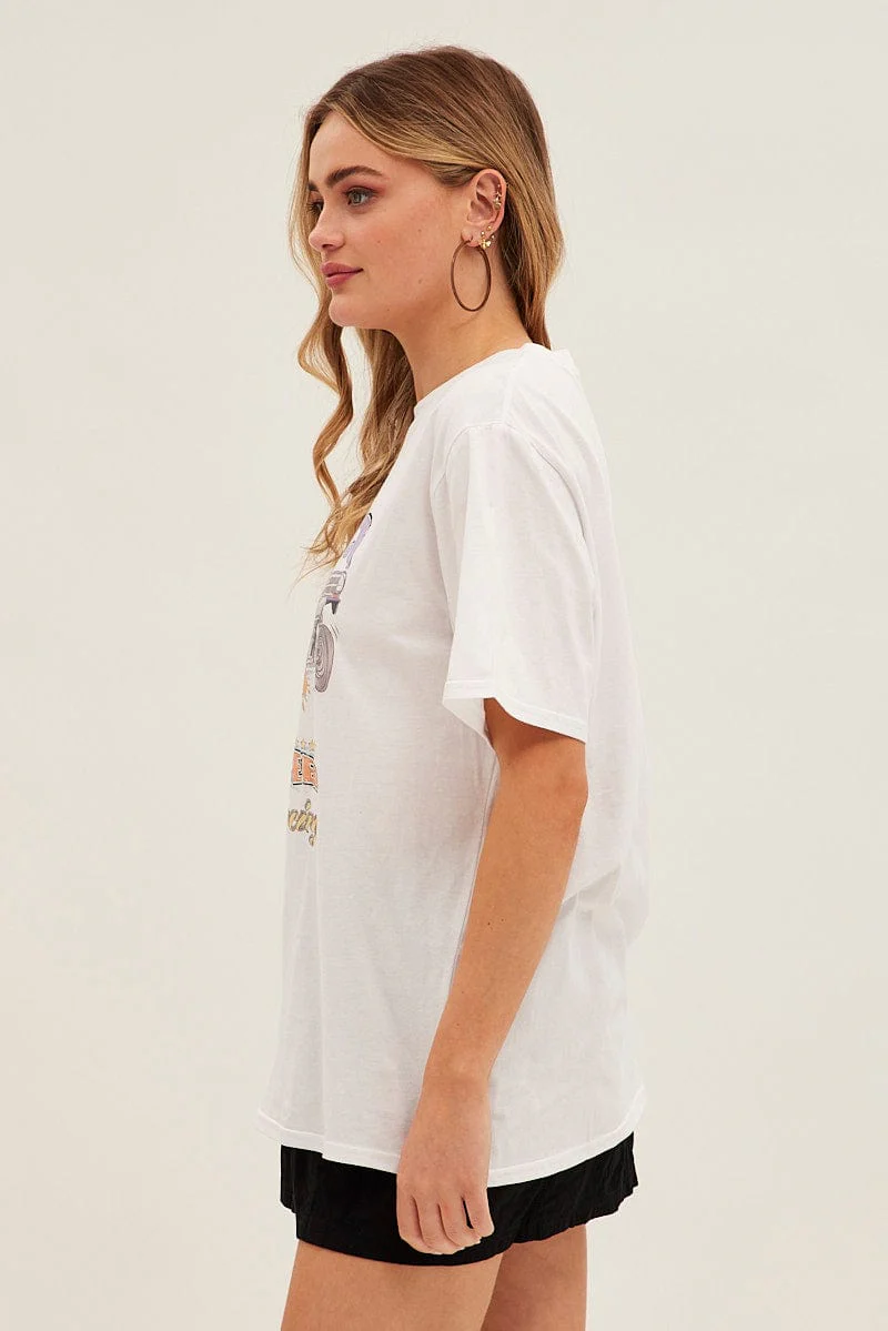 White Graphic Tee Short Sleeve Round Neck Vintage Car - Image 4