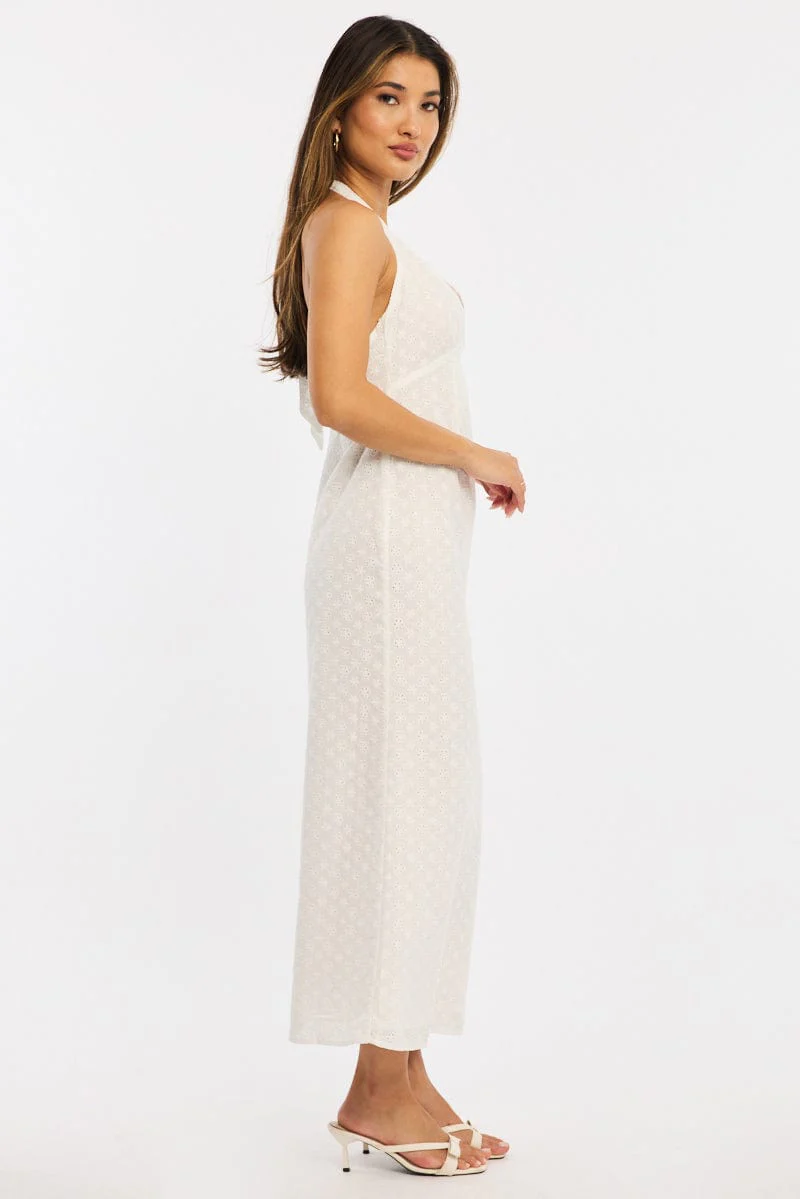 White Halter Neck Dress Eyelet Fabric - Image 3