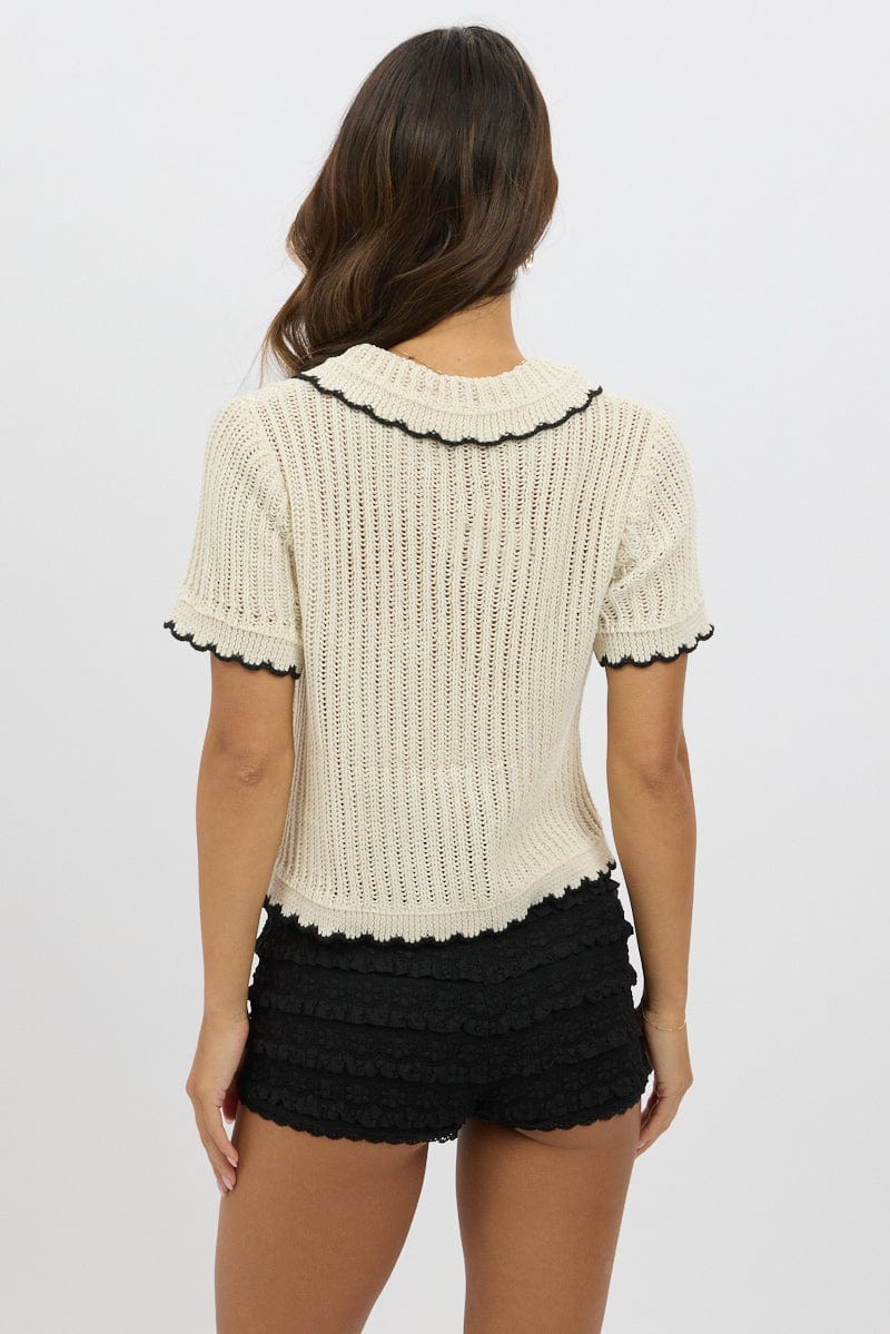 White Knit Cardigan Short Sleeve Collared - Image 5
