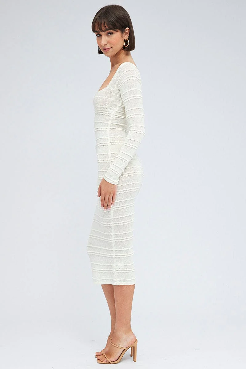 White Knit Dress Long Sleeve Sweetheart Twist Crochet - Image 4