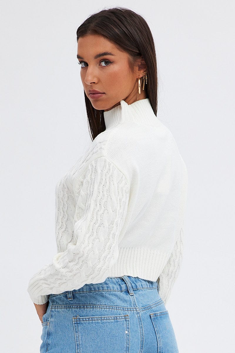 White Knit Jumper Long Sleeve Cabled Crop - Image 5