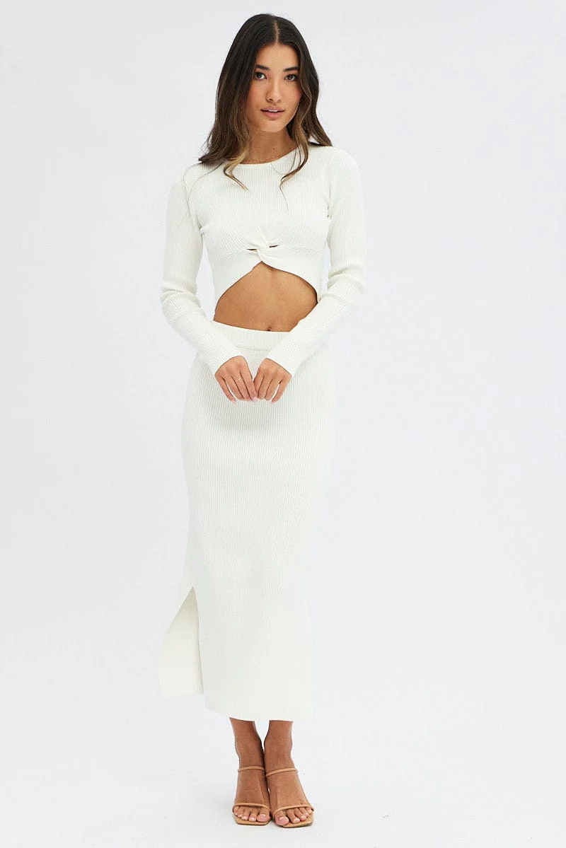 White Knit Skirt High Rise Ribbed Midi - Image 3