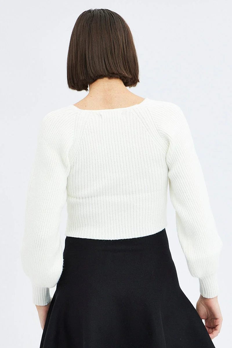 White Knit Top Sweet Heart Neck Volume Sleeve Crop - Image 5