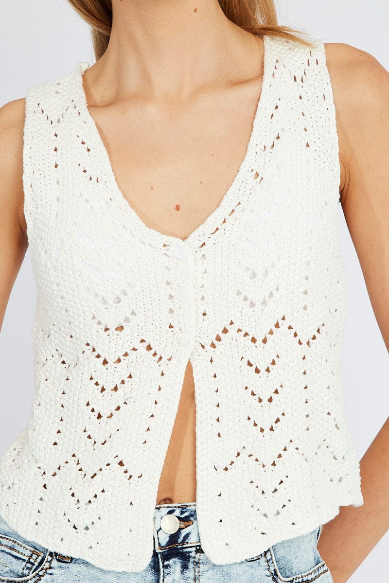 White Knit Vest Sleeveless V Neck Crochet Button Up - Image 6
