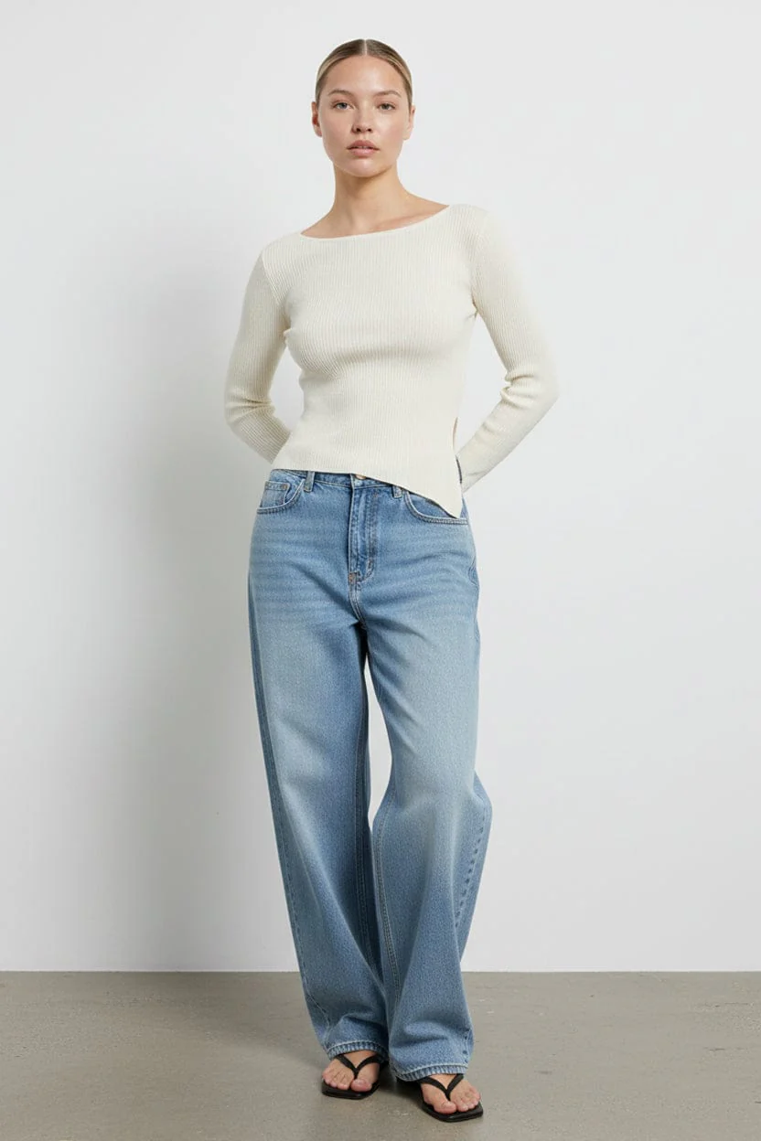 White Long Sleeve Knit With Side Split